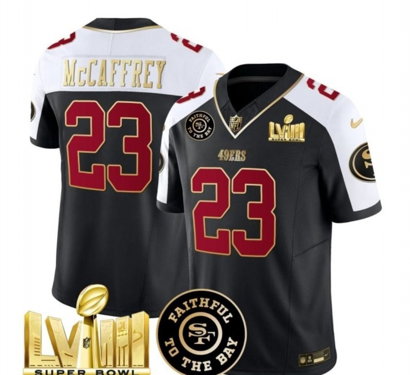 Men's San Francisco 49ers #23 Christian McCaffrey Black/White 2024 F.U.S.E. Super Bowl LVIII Patch Alternate Vapor Limited Stitched Football Jersey Men's San Francisco 49ers #23 Christian McCaffrey Black/White 2024 F.U.S.E. Super Bowl LVIII Patch Alternate Vapor Limited Stitched Football Jersey